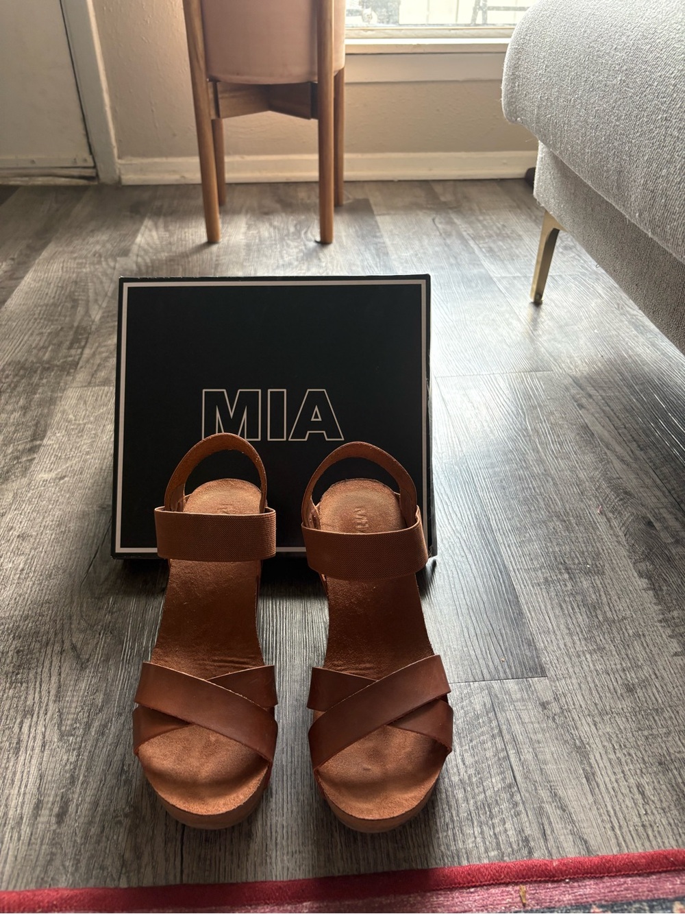 MIA Tan Brown Crisscross Wedge Sandals